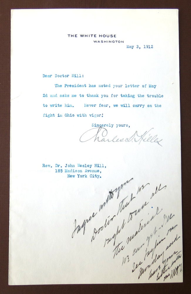 Item #1025 Autograph Note Signed; Political Constituent Exchange. William Howard Taft, Charles D. Hilles.