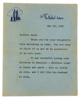 Item #1909 Type Letter Signed (TLS); Relationship letter. Jean MacArthur