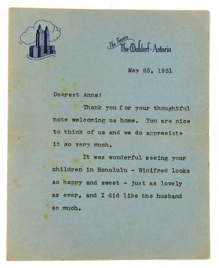 Item #1909 Type Letter Signed (TLS); Relationship letter. Jean MacArthur.