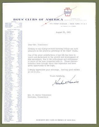 Item #2312 Typed Letter Signed; Responding to Birthday Greetings From The Boys' Club. Herbert Hoover