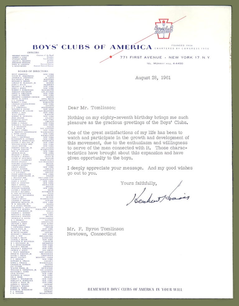Item #2312 Typed Letter Signed; Responding to Birthday Greetings From The Boys' Club. Herbert Hoover.