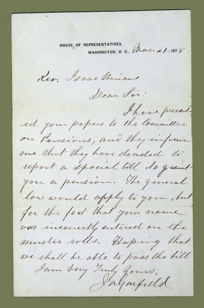 Item #2679 Autograph Letter Signed by Future President; Aid to Constituent. James A. Garfield.