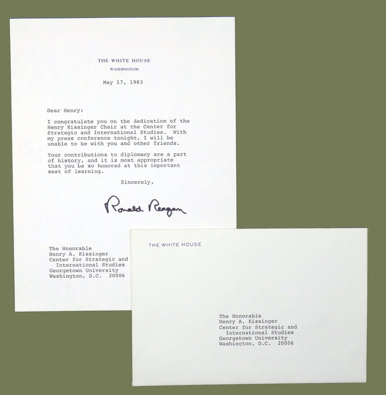 Item #2690 Typed Note Signed (TNS); Congratulations to Henry Kissinger. Ronald Reagan.