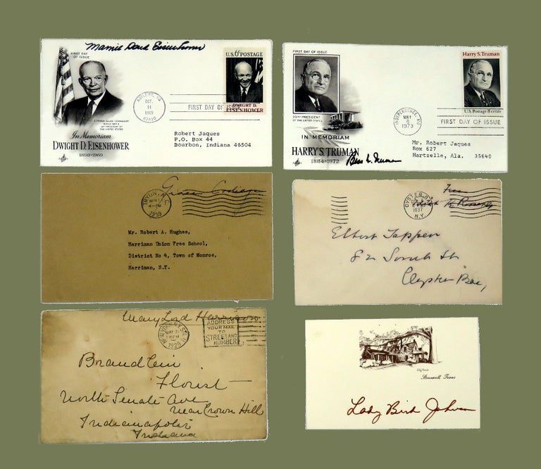 Item #2826 Seven First Lady Autographs. Mary Lord Harrison, Grace Coolidge Edith K. Roosevelt, Lady Bird Johnson, Manie Daud Eisenhower, Bess Truman.