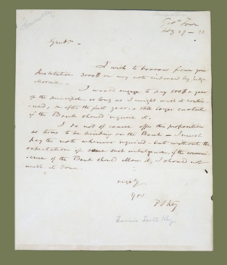 Item #3097 Manuscript Letter: Seeking Bank Loan. Francis Scott Key.