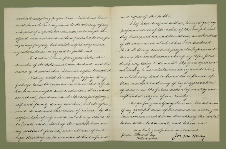Item #3109 Autograph Letter Signed (ALS); Acknowledging His Tenure at the Smithsonian. Joseph Henry.