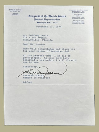 Item #3295 Autograph Note Signed; Acknowledging a Constituents Request. Barbara Jordan
