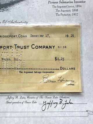 Signed Check; "Father of the Modern Submarine